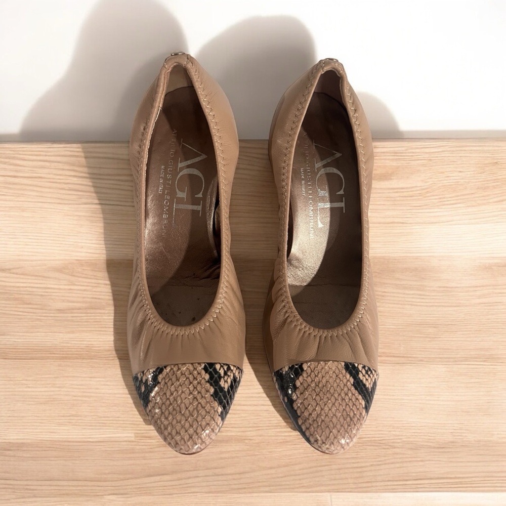 AGL Women's Taupe Leather Block Heel Shoes